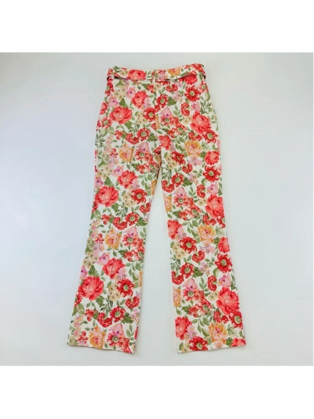 Mango linen cotton floral straight leg pant Size 4 belted Cottagecore Feminine